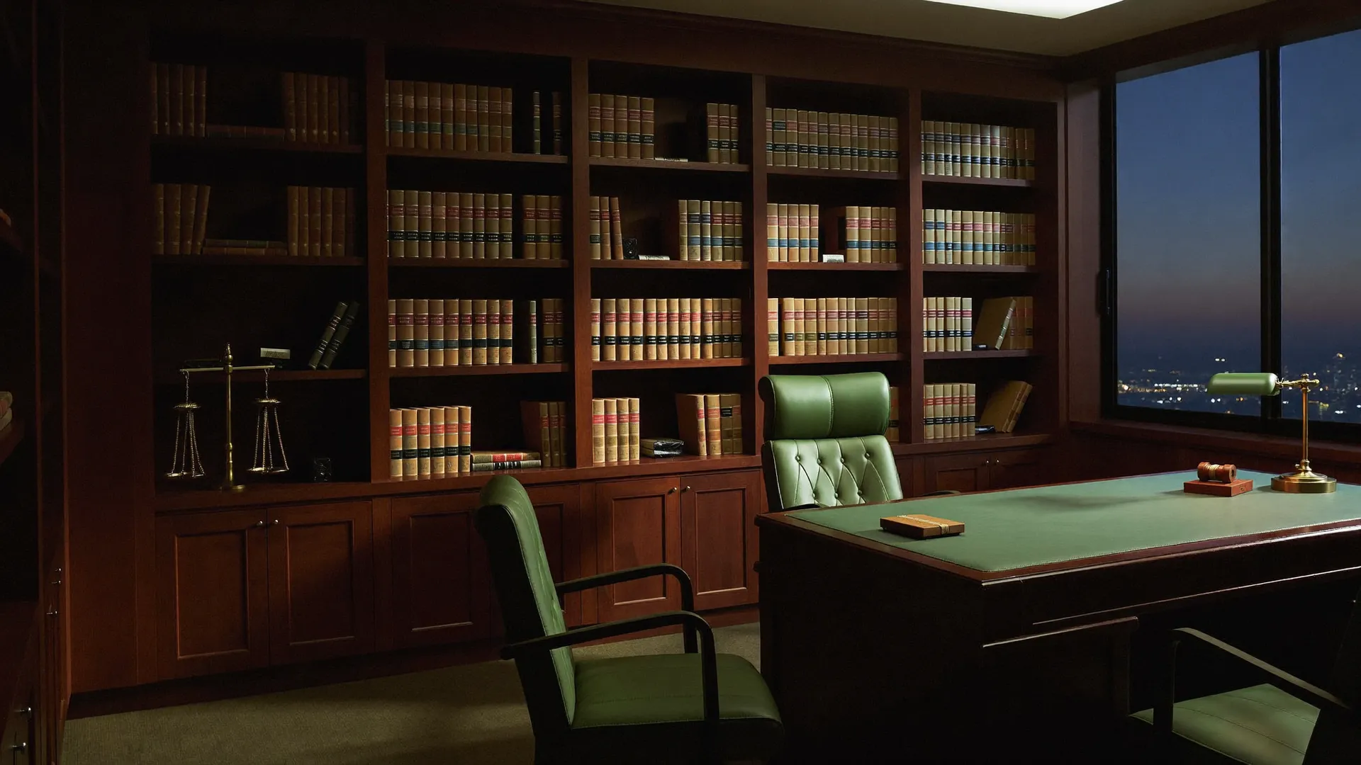 Escritório de advocacia com biblioteca jurídica ao entardecer